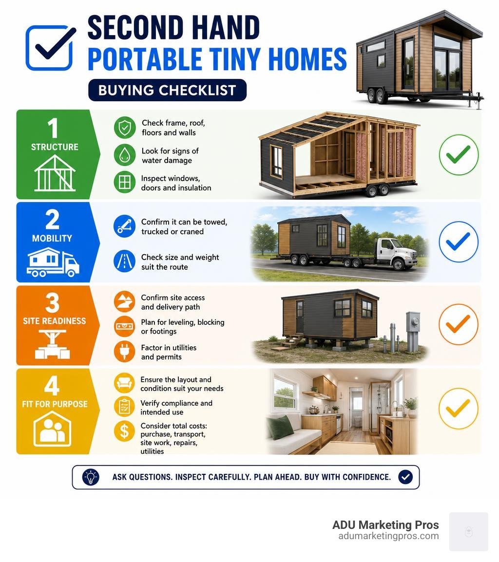 Second hand portable tiny homes buying checklist infographic