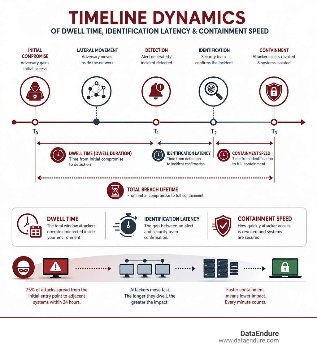 Timeline dynamics of dwell time identification latency and containment speed infographic Timeline dynamics of dwell time identification latency and containment speed infographic