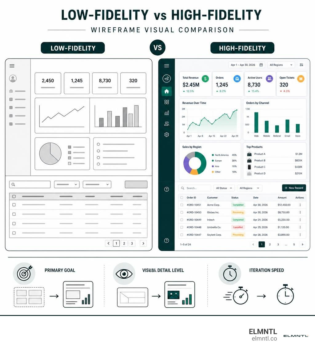 Low-fidelity versus high-fidelity wireframe visual comparison infographic