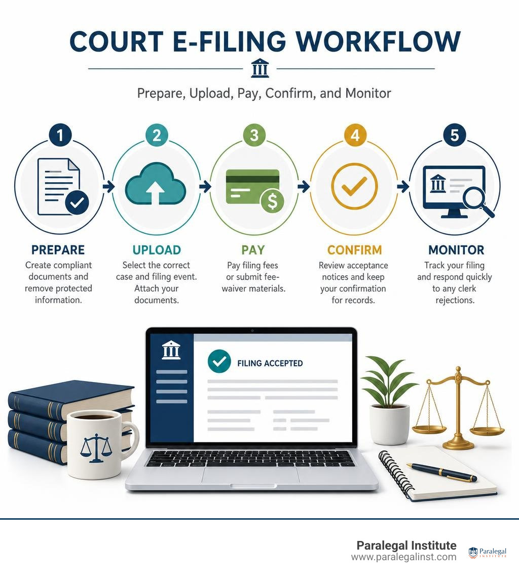 Court e-filing workflow: prepare, upload, pay, confirm, and monitor infographic