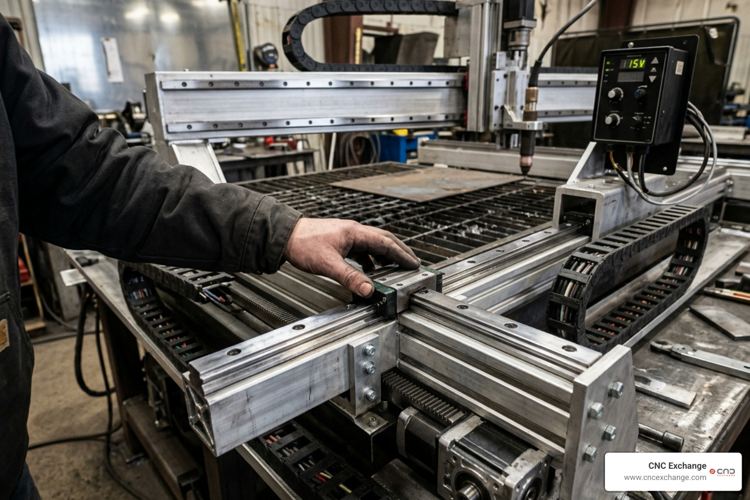 Inspecting CNC plasma table gantry rails and torch height control Inspecting CNC plasma table gantry rails and torch height control