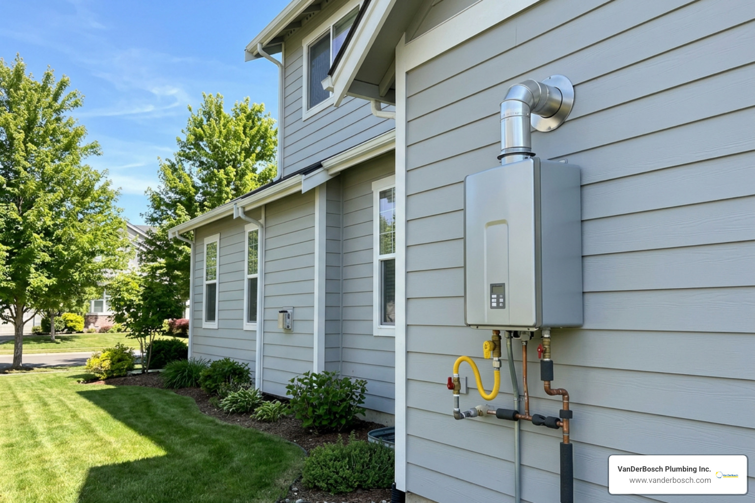 Completed outdoor tankless gas water heater installation mounted neatly on a modern home exterior