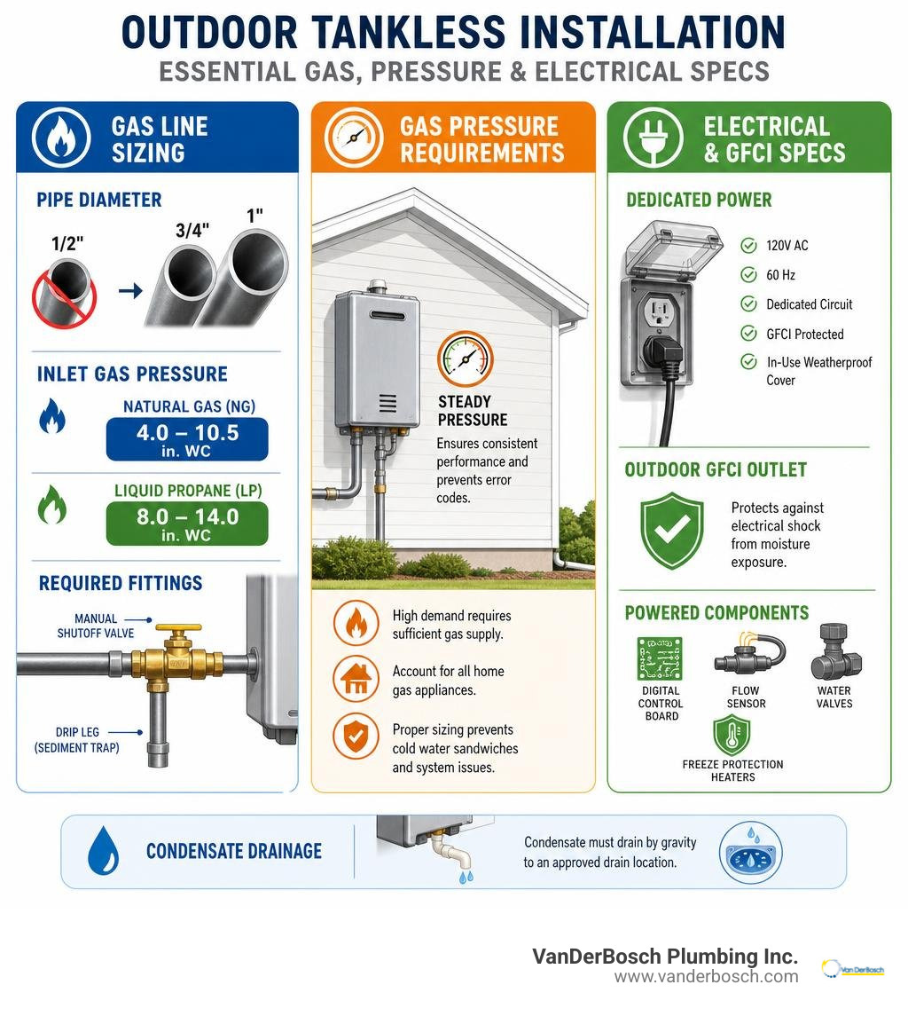 Infographic detailing gas line sizes, gas pressure requirements, and electrical GFCI specs for outdoor tankless units