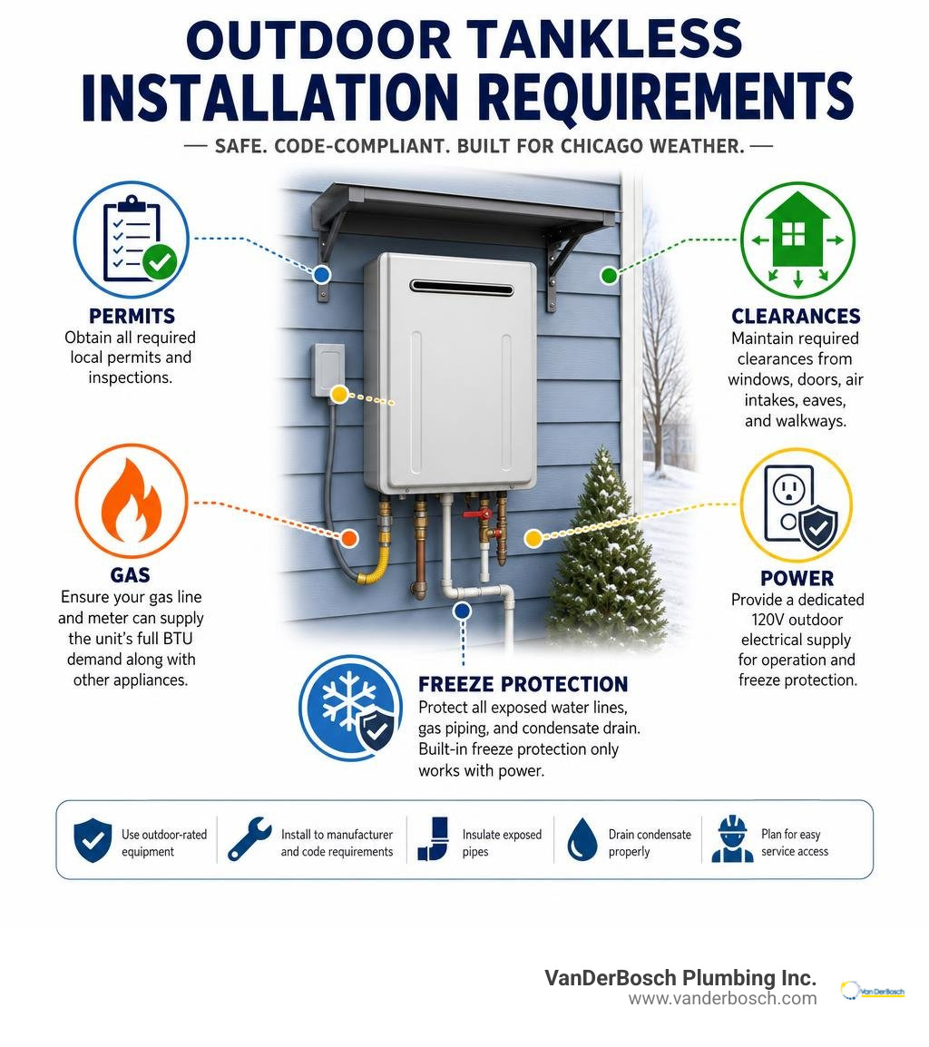 Outdoor tankless installation requirements: permits, clearances, gas, power, freeze protection infographic