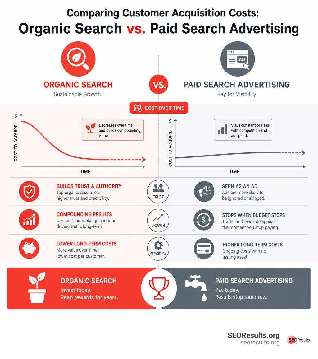 Comparing customer acquisition costs: organic search versus paid search advertising infographic