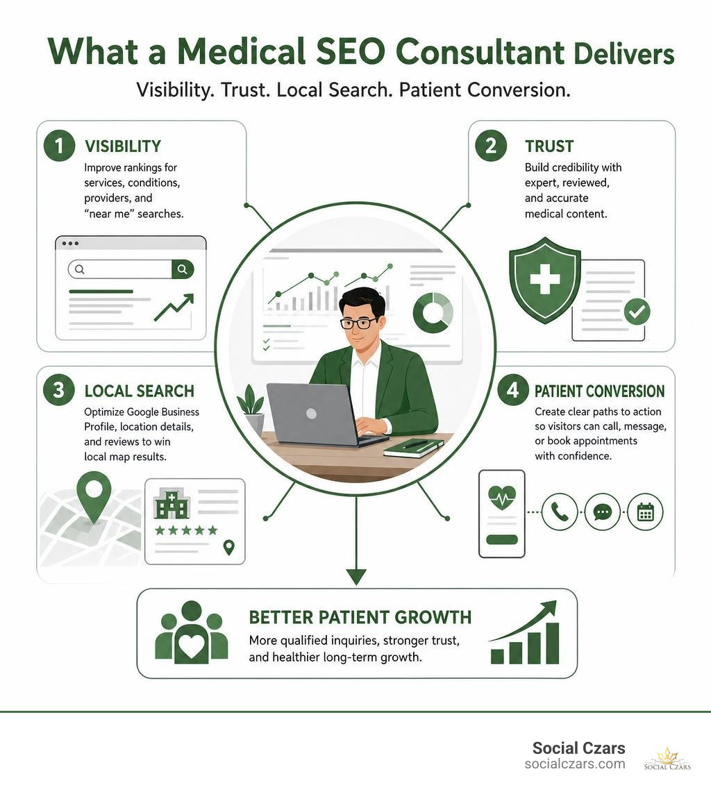 Infographic showing medical SEO consultant work: visibility, trust, local search, and patient conversion infographic