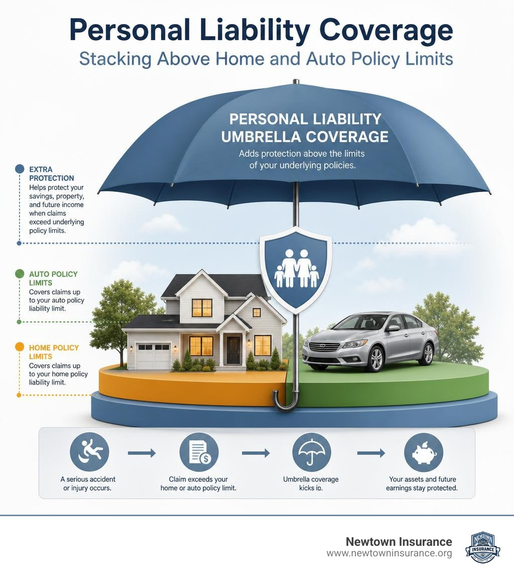 Personal liability coverage stacking above home and auto policy limits infographic