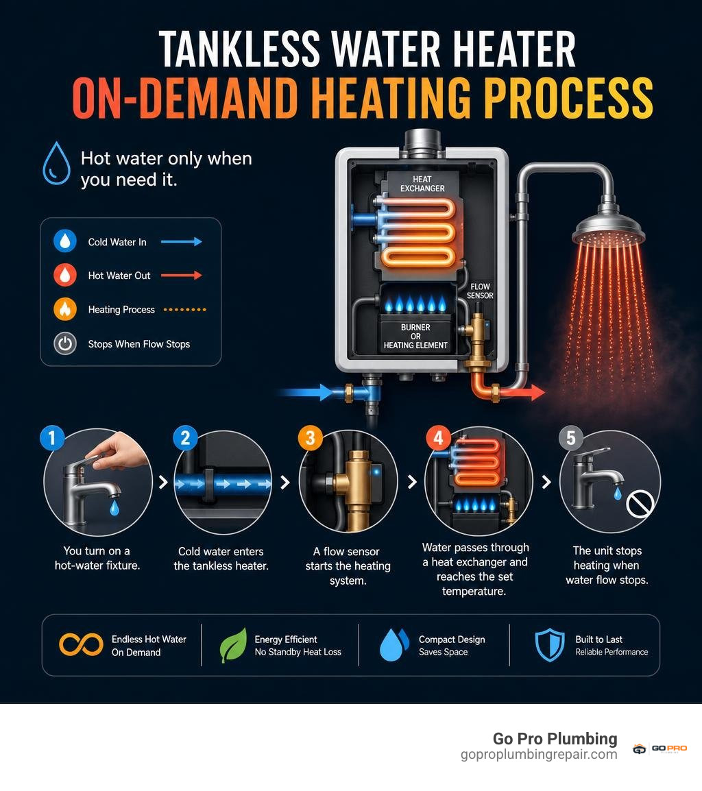 Tankless water heater on-demand heating process infographic