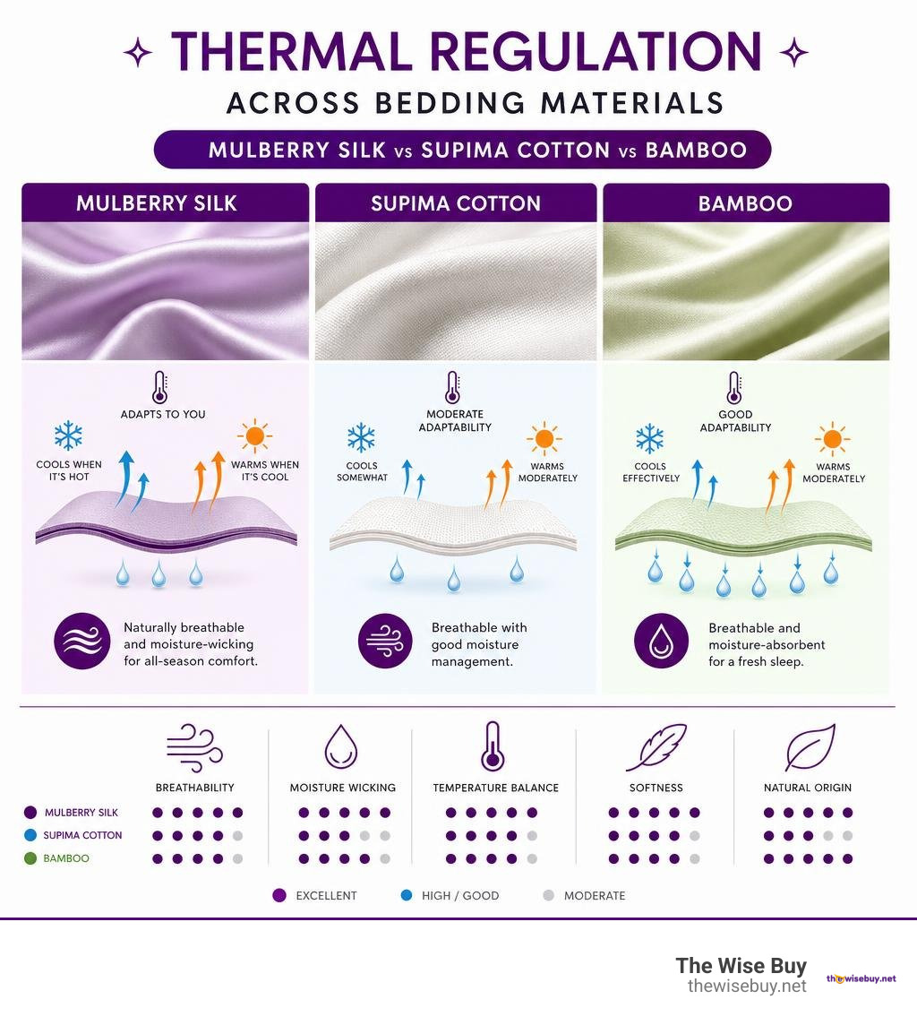 Thermal regulation across bedding materials: Mulberry Silk, Supima Cotton, and Bamboo infographic