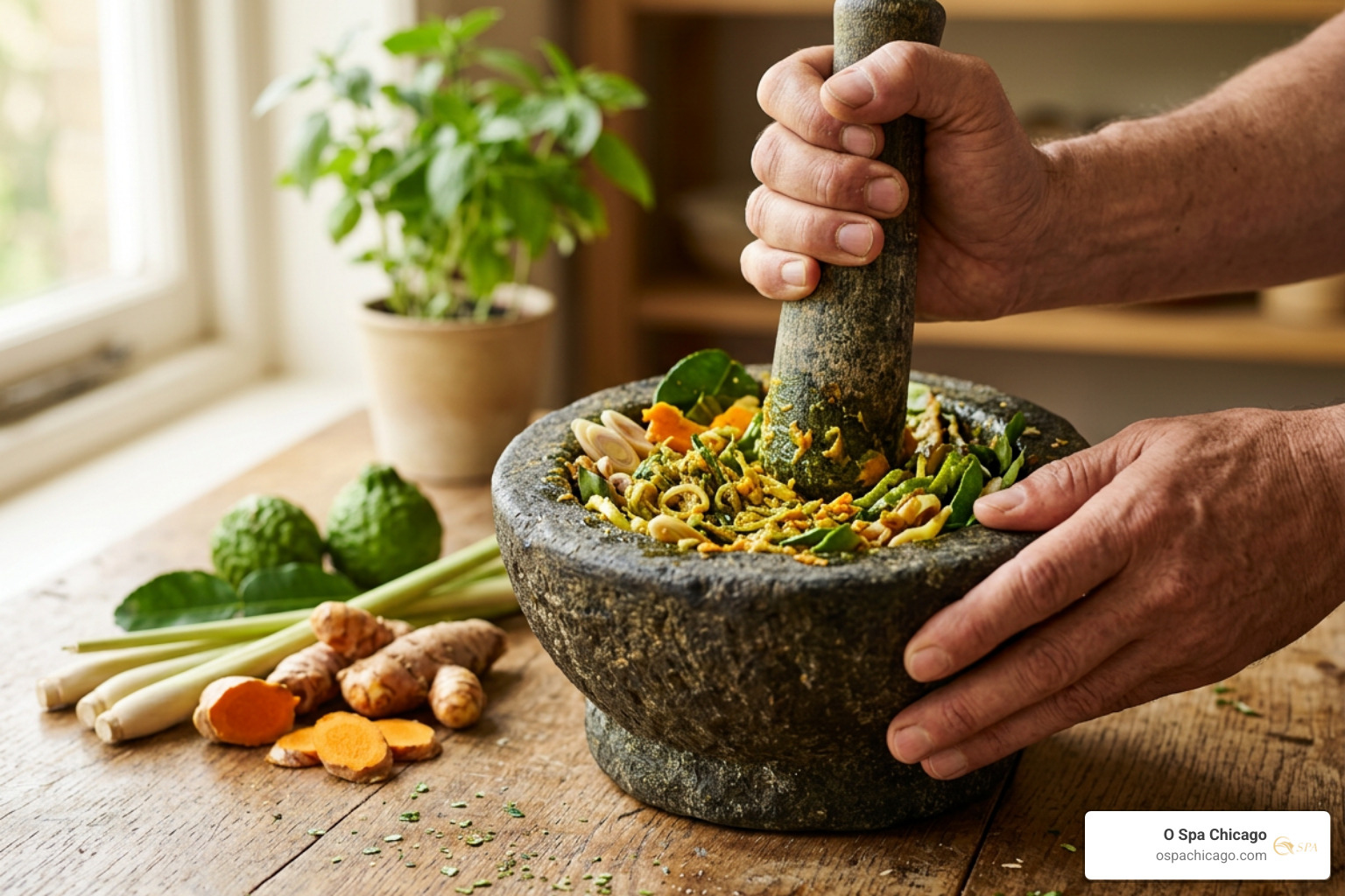 Preparing fresh Thai herbs with a mortar and pestle Preparing fresh Thai herbs with a mortar and pestle