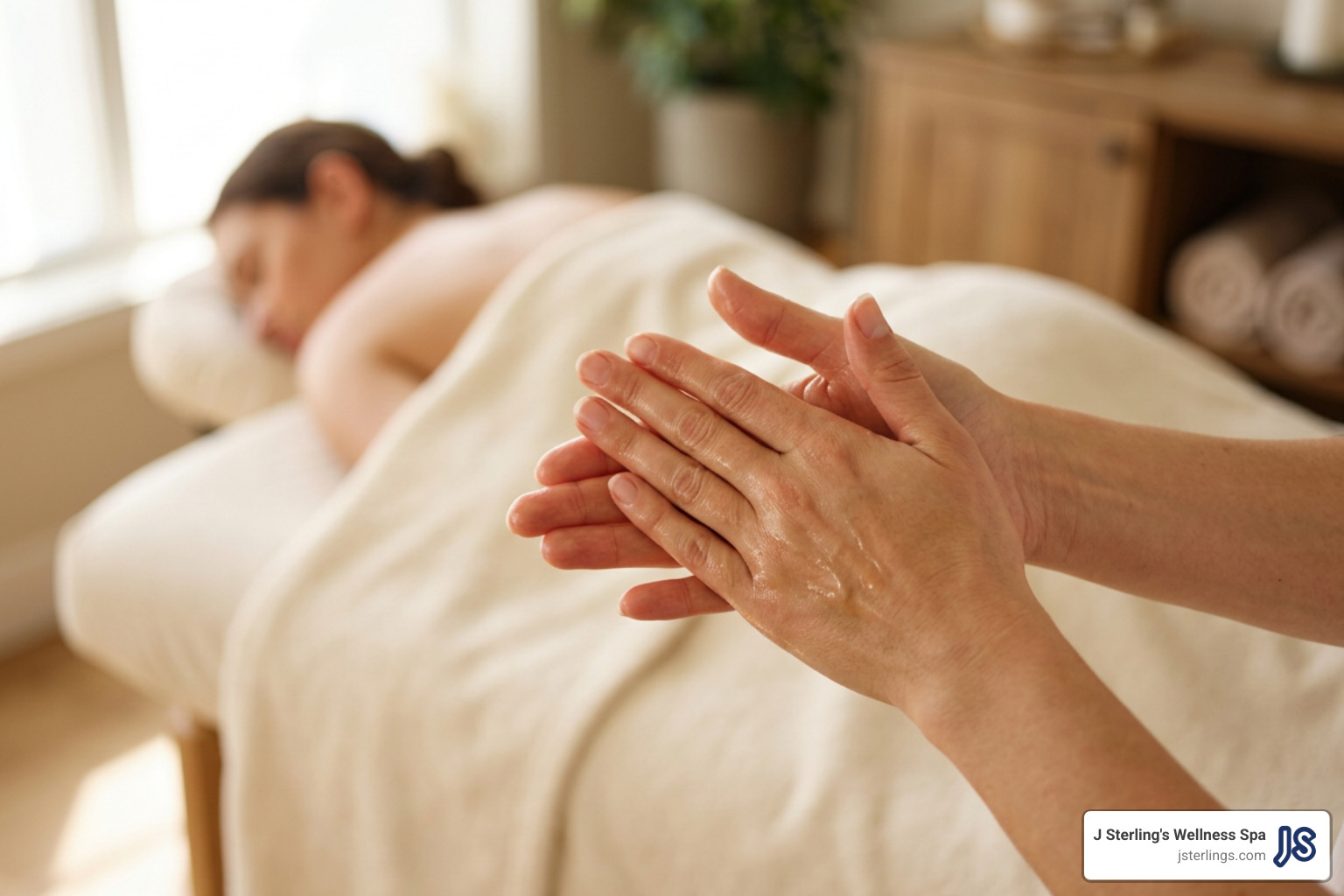 Warming massage oil between hands for abdominal preparation Warming massage oil between hands for abdominal preparation