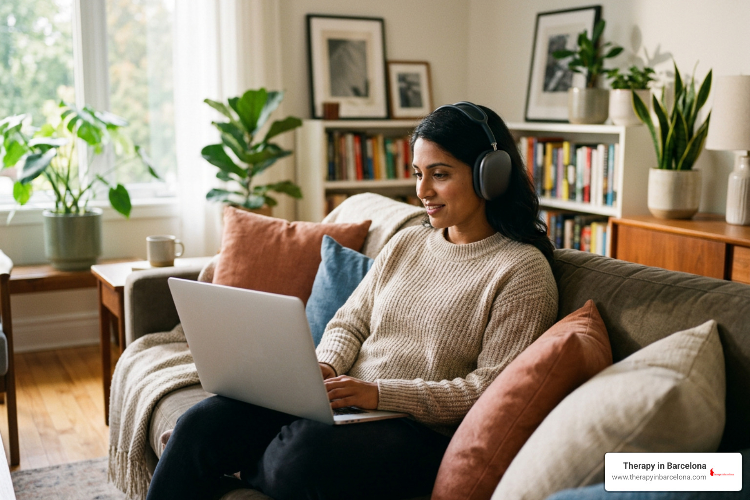 Person participating in a confidential virtual therapy session from home Person participating in a confidential virtual therapy session from home