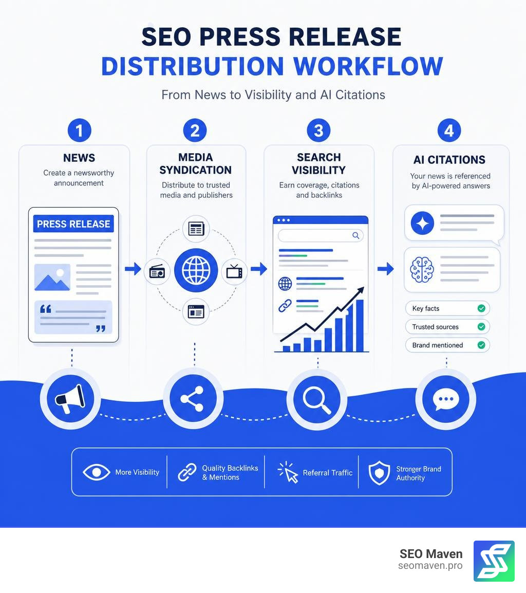 SEO press release distribution workflow: news, media syndication, search visibility, and AI citations infographic
