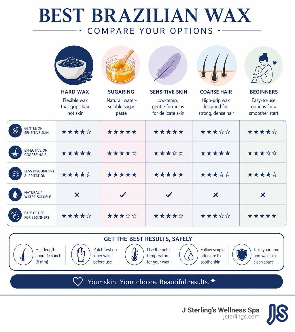 Best Brazilian wax comparison: hard wax, sugaring, sensitive skin, coarse hair, and beginners infographic Best Brazilian wax comparison: hard wax, sugaring, sensitive skin, coarse hair, and beginners infographic