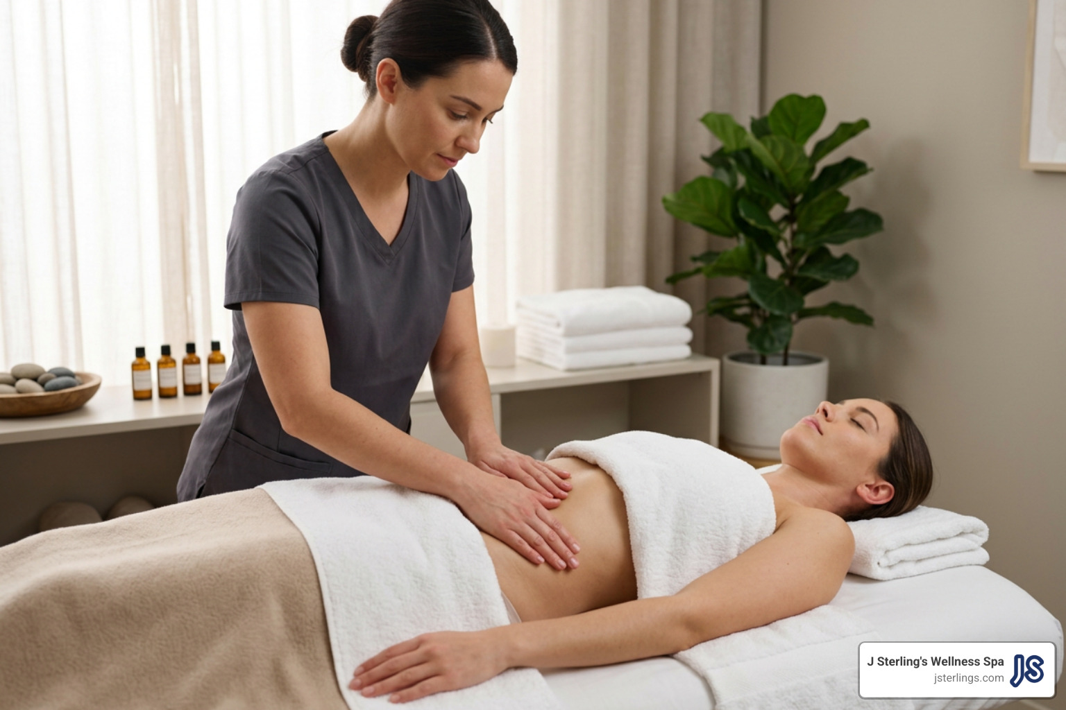 Therapist demonstrating clockwise belly stroking technique Therapist demonstrating clockwise belly stroking technique