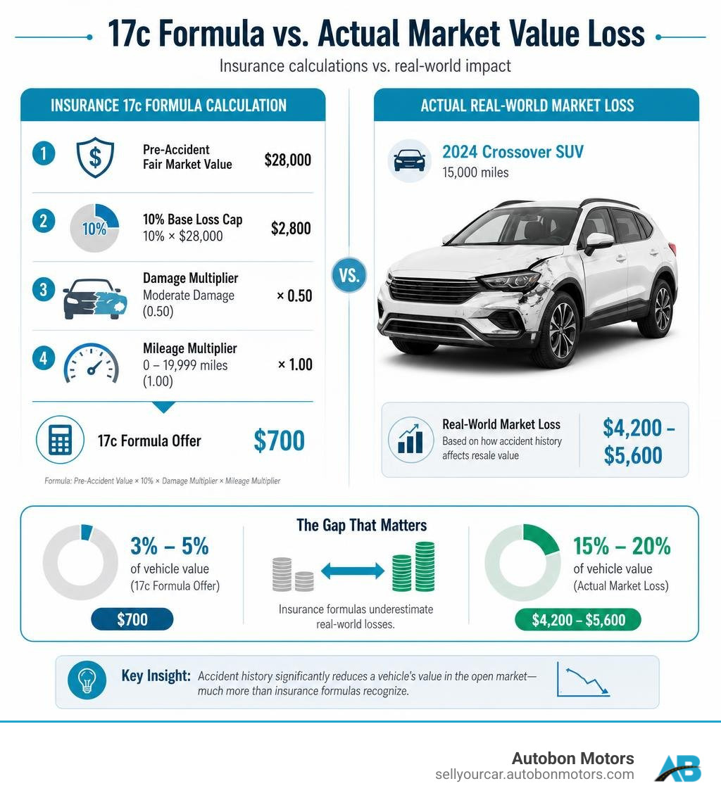 Comparison table of 17c insurance formula calculations versus actual market value losses infographic