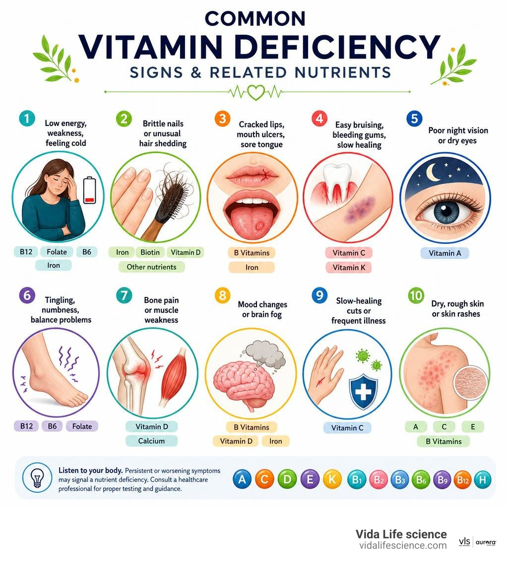 Infographic of common vitamin deficiency signs and related nutrients infographic Infographic of common vitamin deficiency signs and related nutrients infographic