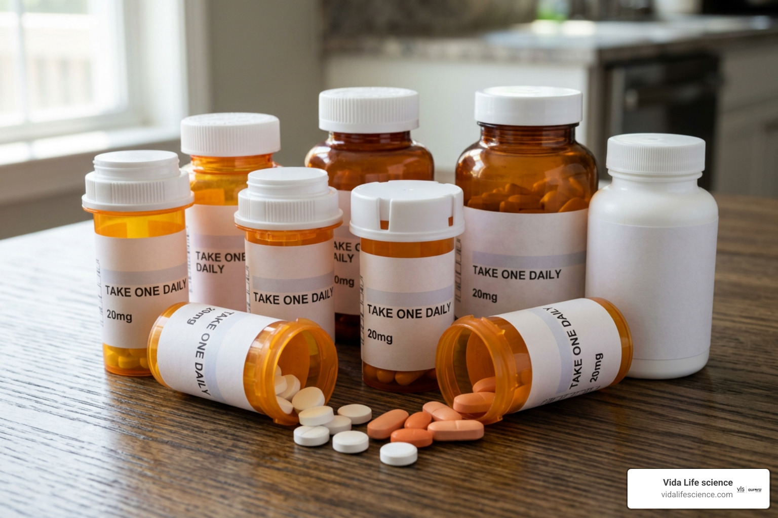 prescription medications and supplement bottles representing drug interaction risks