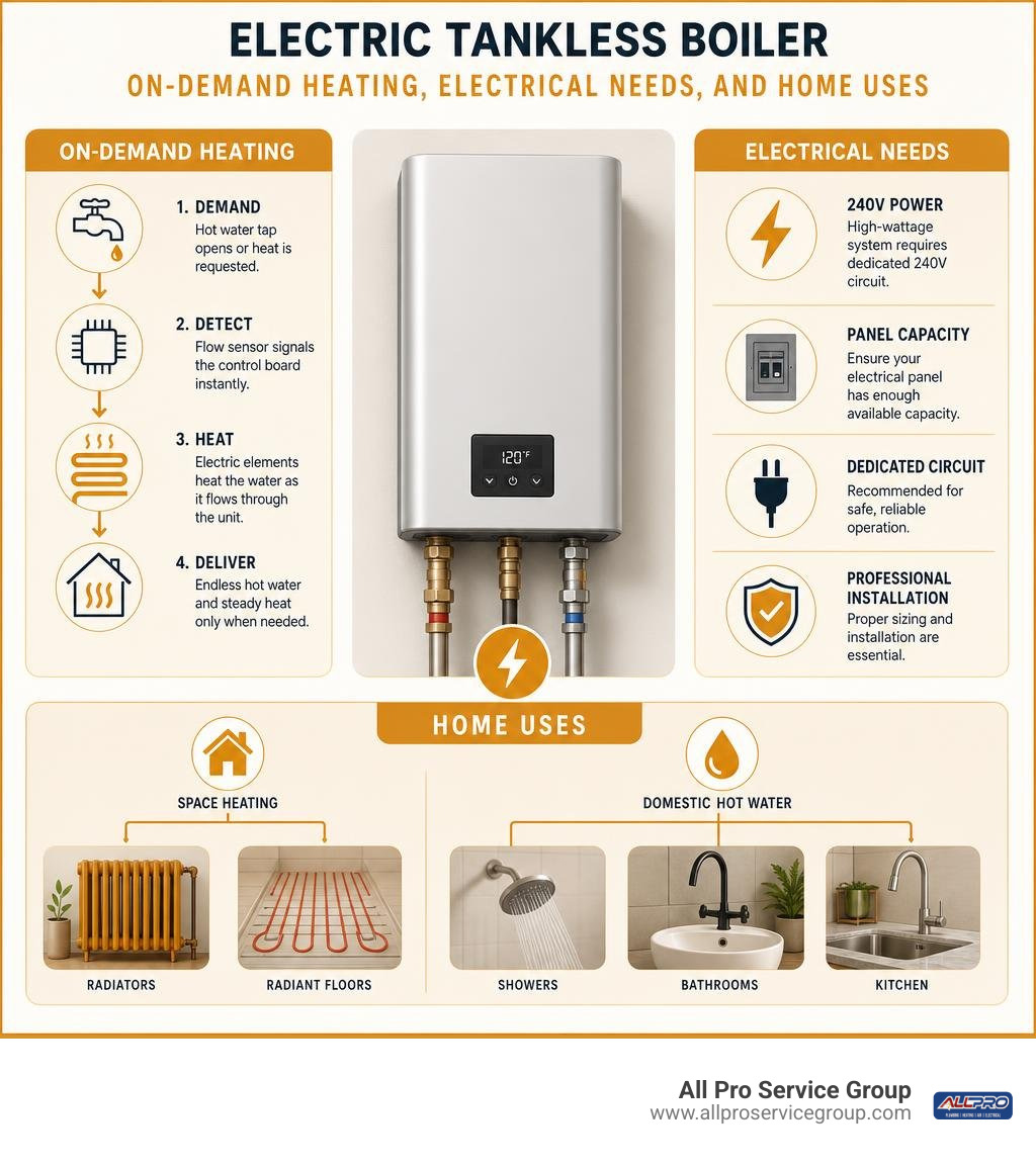 Electric tankless boiler overview: on-demand heating, electrical needs, and home uses infographic