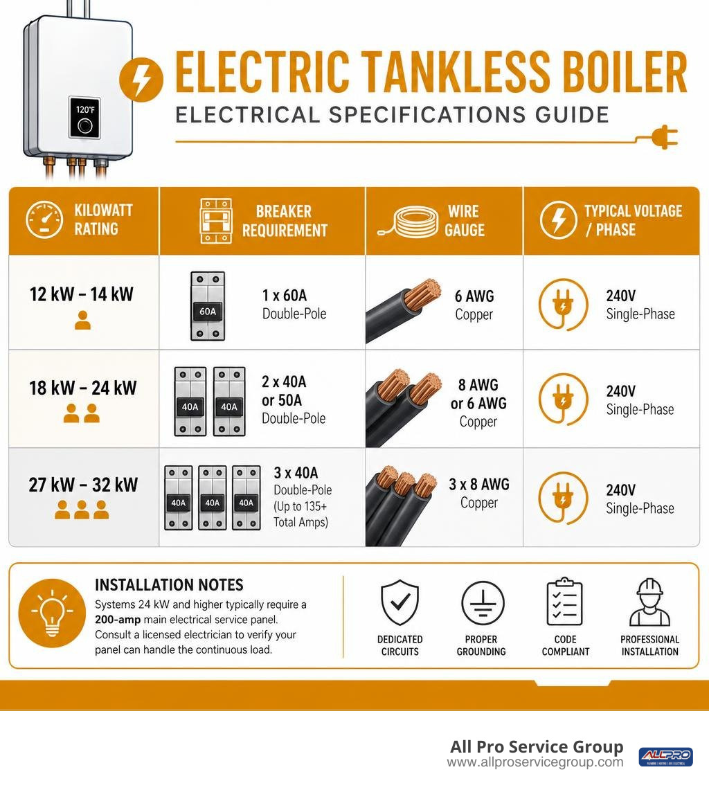 Table of electrical specifications including kilowatt ratings, breaker requirements, and wire gauges infographic