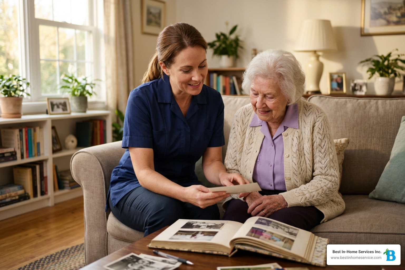 Caregiver engaging senior in memory exercise Caregiver engaging senior in memory exercise