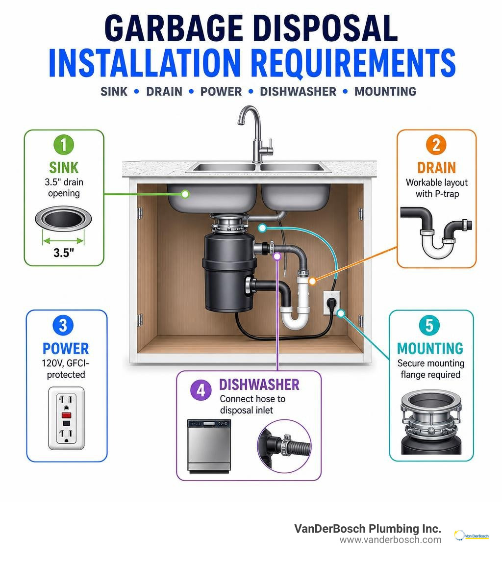 Garbage disposal installation requirements: sink, drain, power, dishwasher, and mounting infographic Garbage disposal installation requirements: sink, drain, power, dishwasher, and mounting infographic