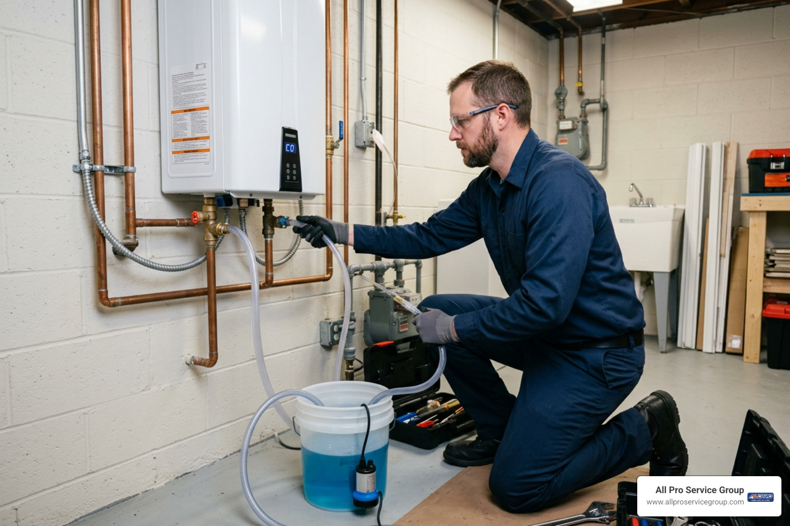 Plumbing technician performing descaling and maintenance on an electric tankless unit