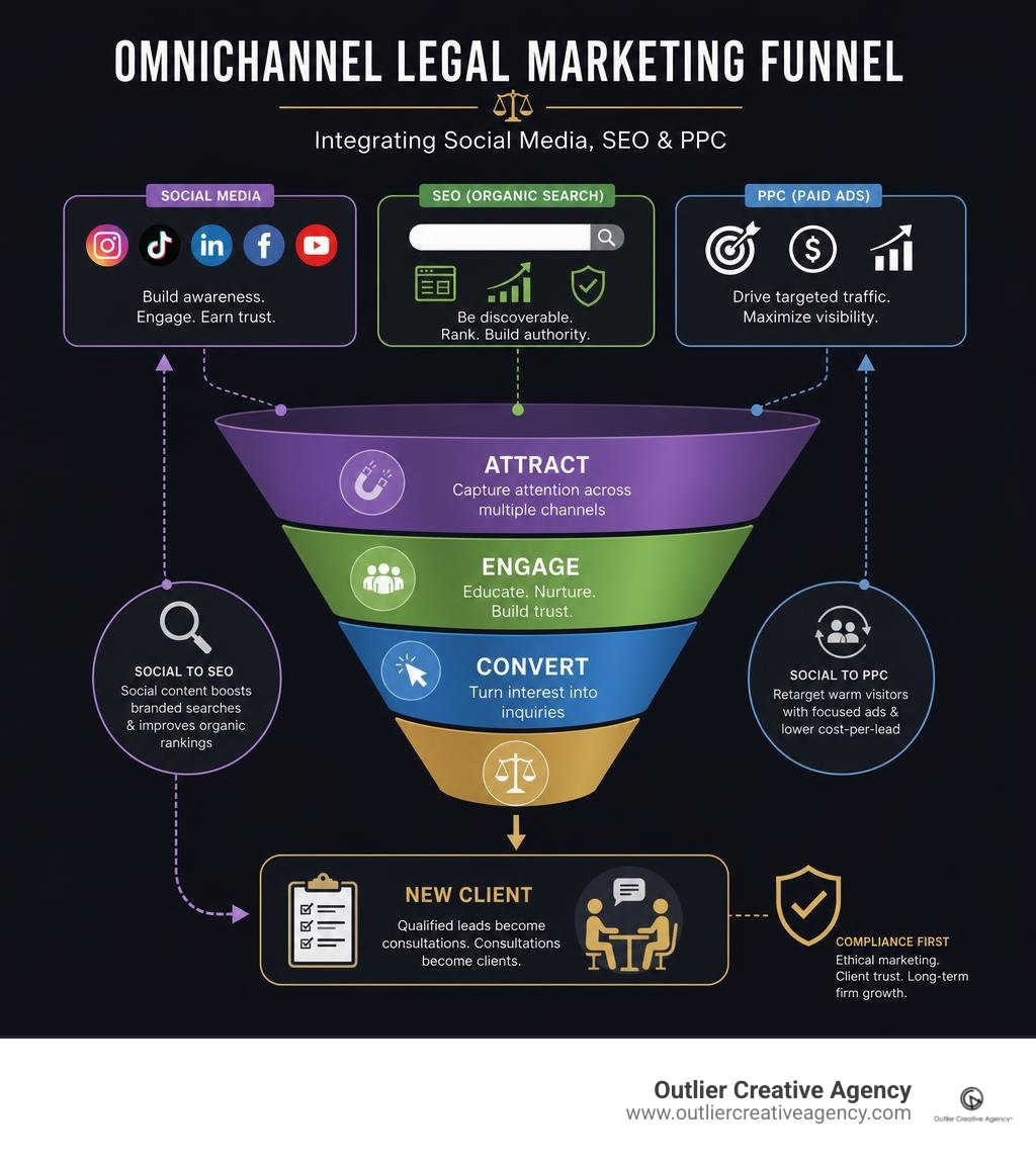 Omnichannel legal marketing funnel showing integration of social media, SEO, and PPC infographic