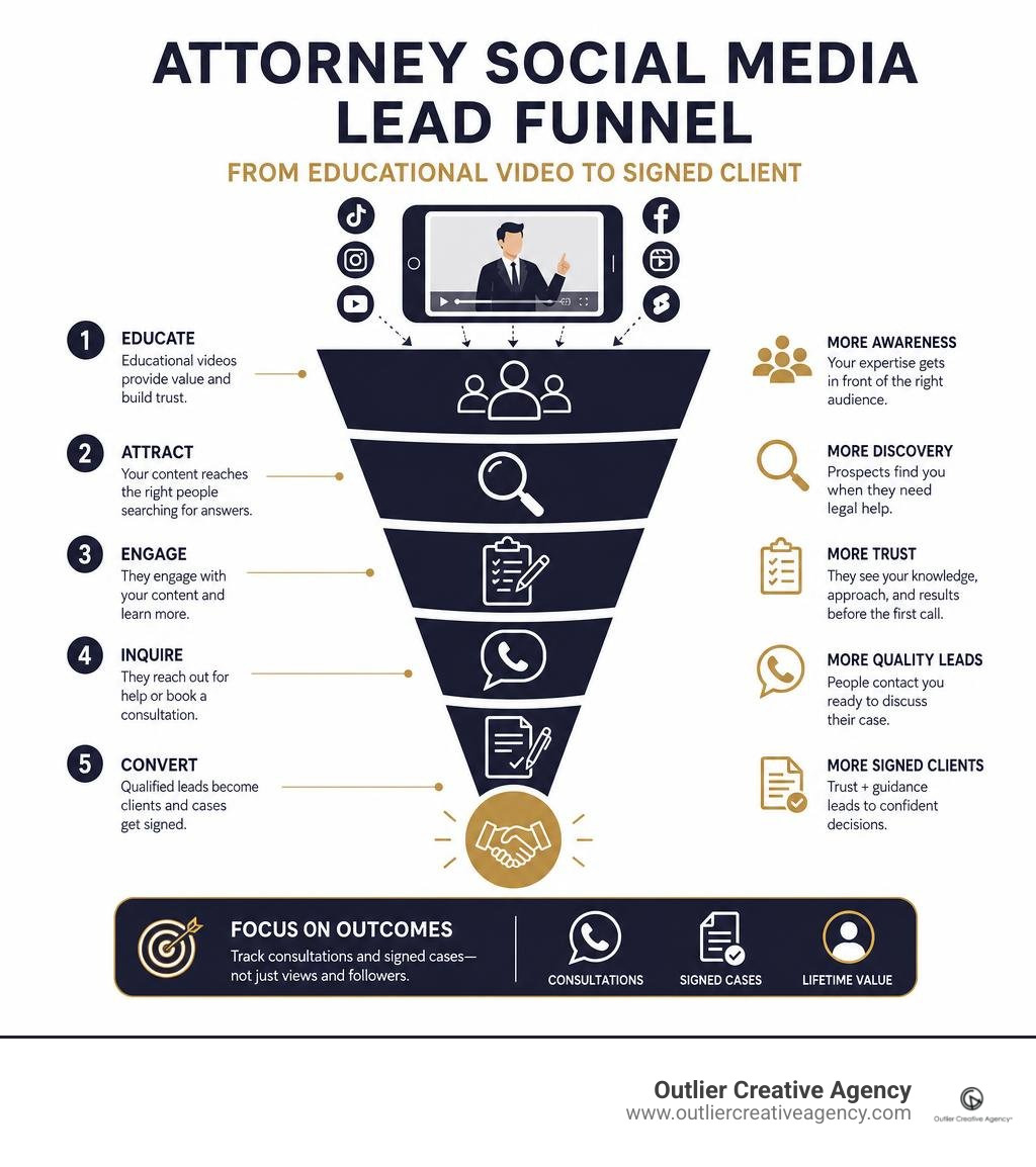 Attorney social media lead funnel from educational video to signed client infographic