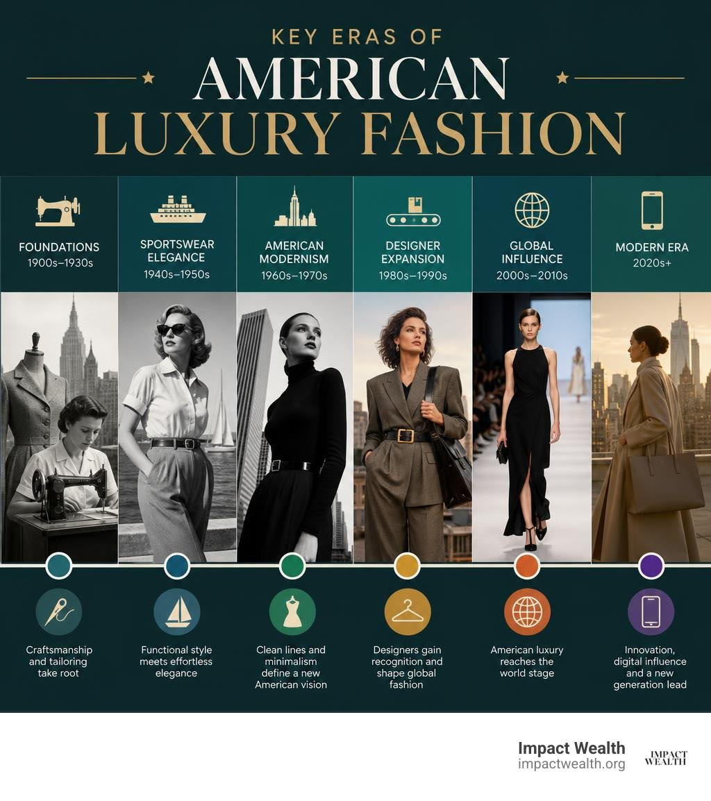 Key Eras of American Luxury Fashion infographic