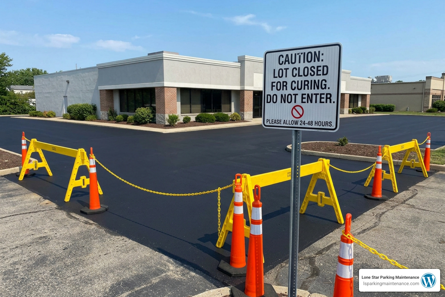 Newly sealcoated commercial parking lot barricaded off for proper cure time Newly sealcoated commercial parking lot barricaded off for proper cure time