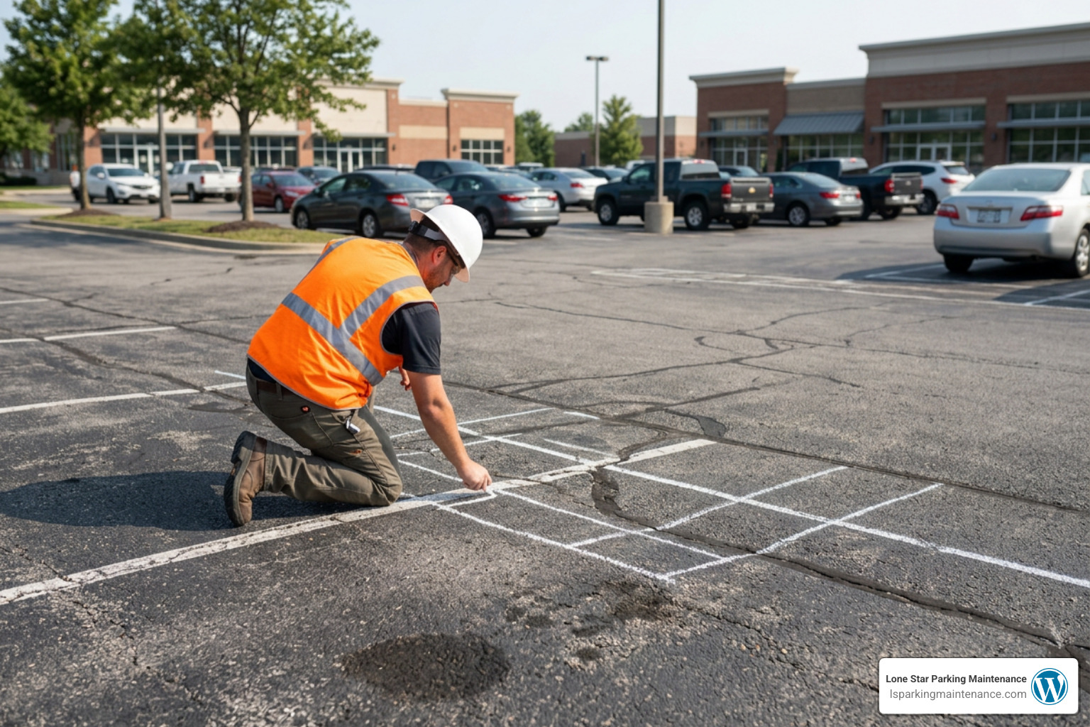 Technician performing pavement crack inspection and grid marking Technician performing pavement crack inspection and grid marking