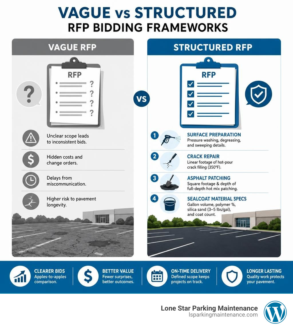 Comparison of vague vs structured RFP bidding frameworks infographic Comparison of vague vs structured RFP bidding frameworks infographic