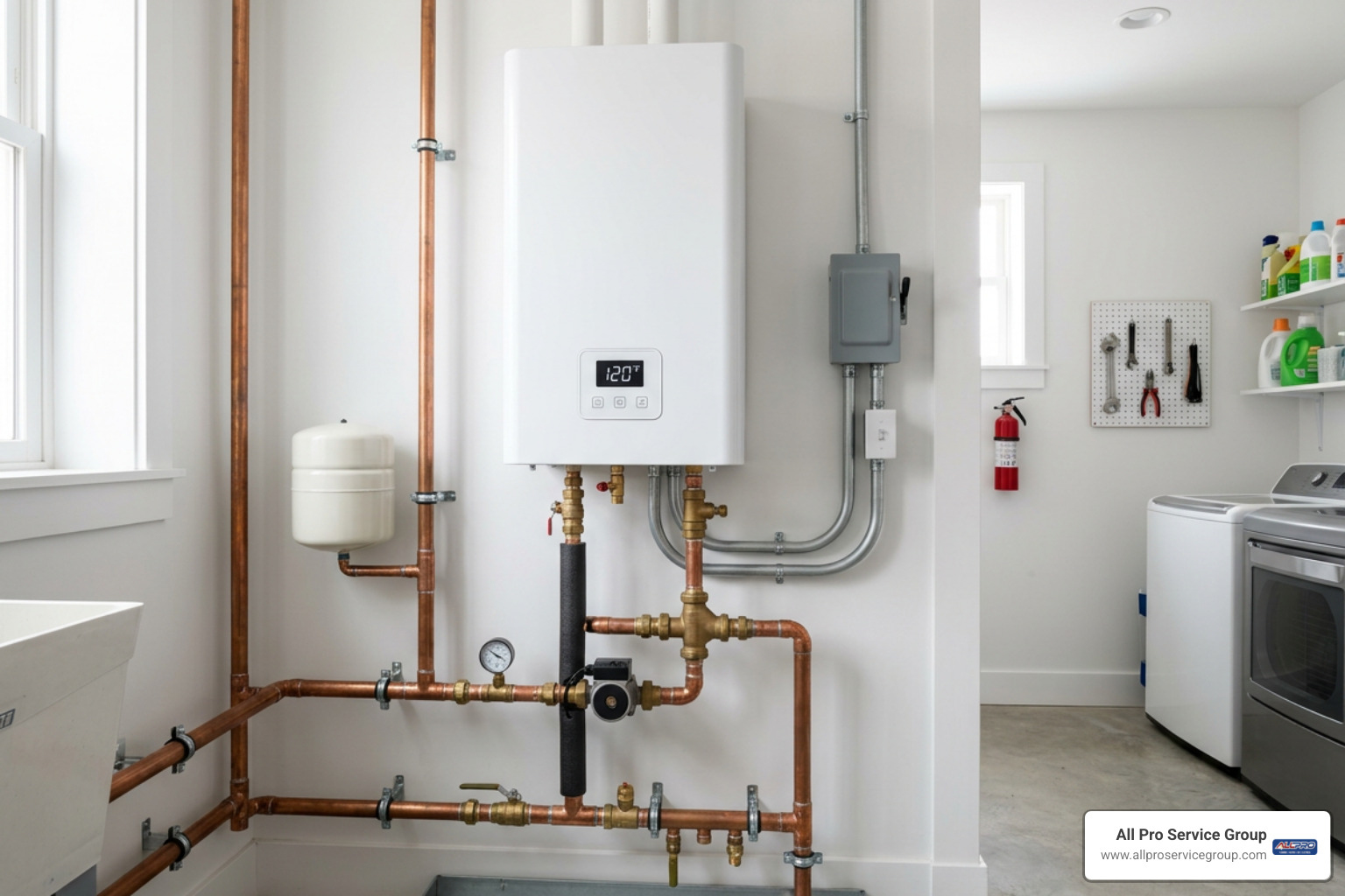 Wall-mounted electric tankless boiler installed in a clean mechanical room