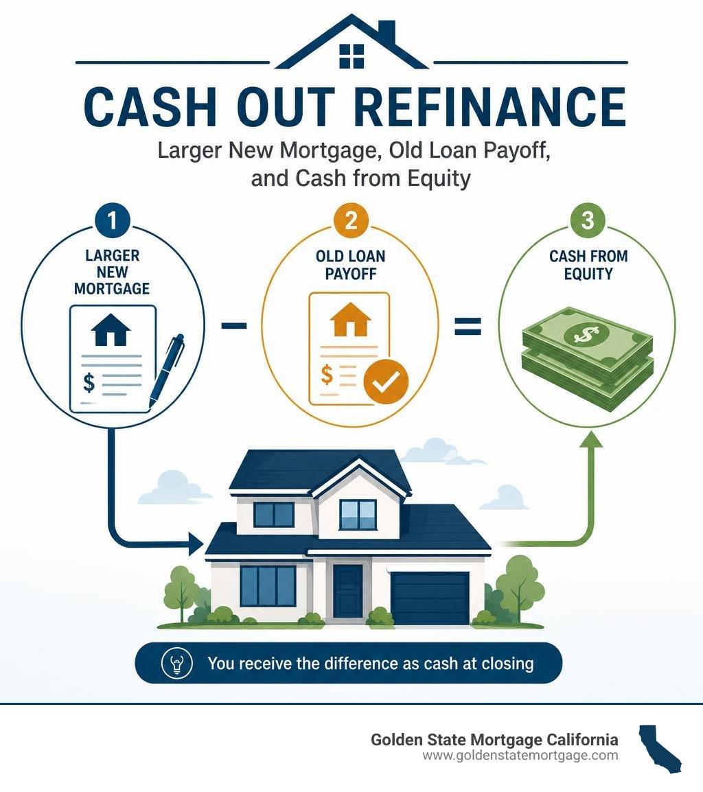 Cash out refinance: larger new mortgage, old loan payoff, and cash from equity infographic Cash out refinance: larger new mortgage, old loan payoff, and cash from equity infographic