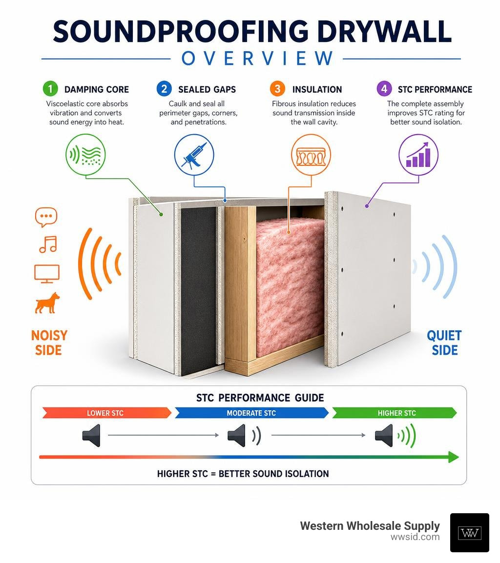 Soundproofing drywall overview: damping core, sealed gaps, insulation, and STC performance infographic Soundproofing drywall overview: damping core, sealed gaps, insulation, and STC performance infographic