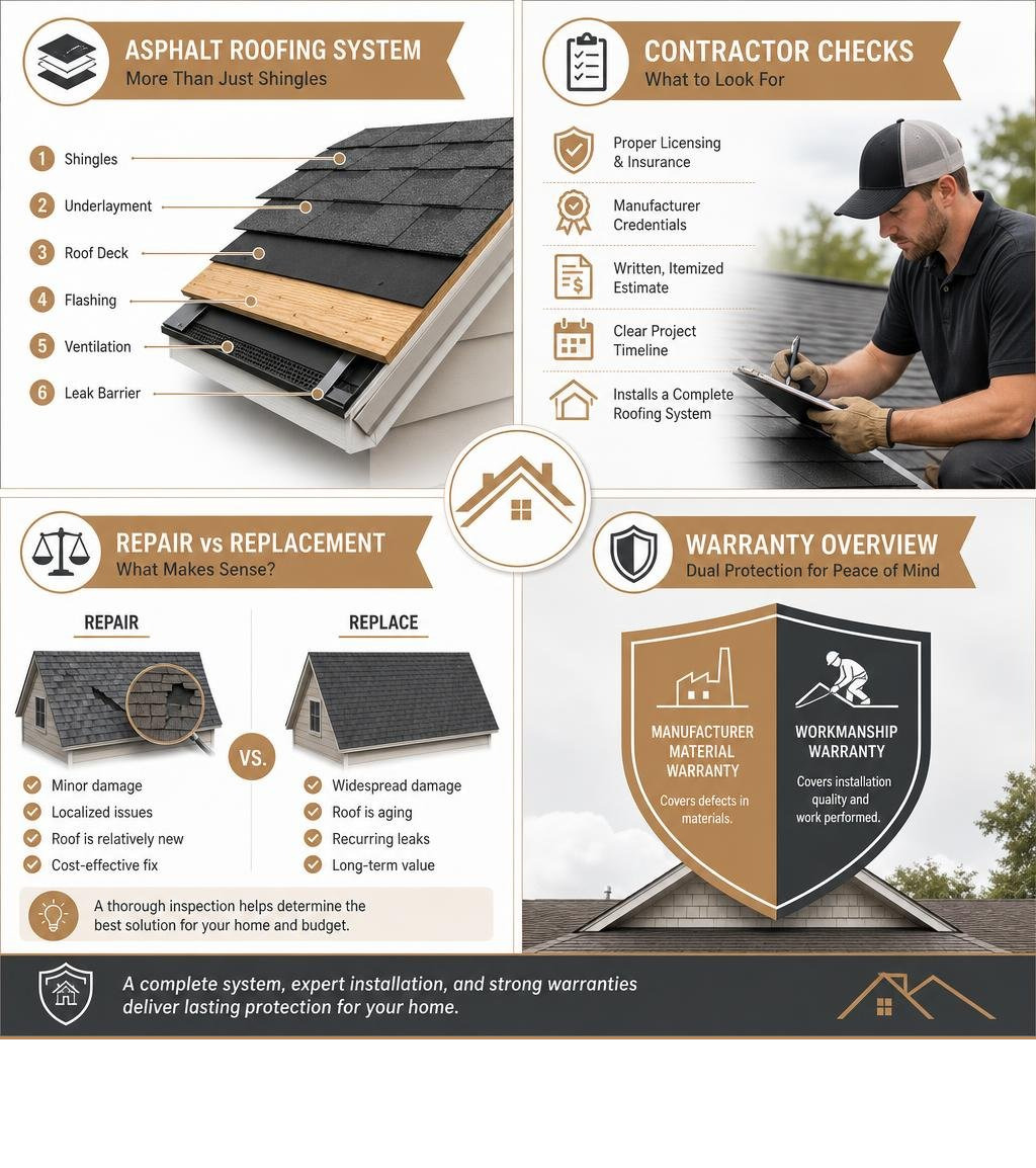 Asphalt roofing system, contractor checks, repair versus replacement, and warranty overview infographic Asphalt roofing system, contractor checks, repair versus replacement, and warranty overview infographic