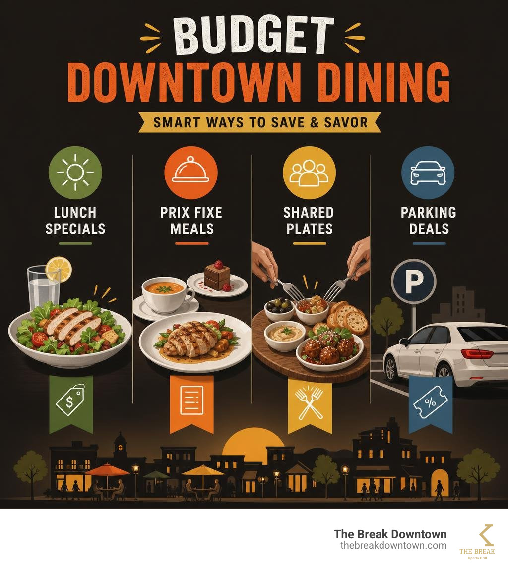 Budget downtown dining options: lunch specials, prix fixe meals, shared plates, parking deals infographic