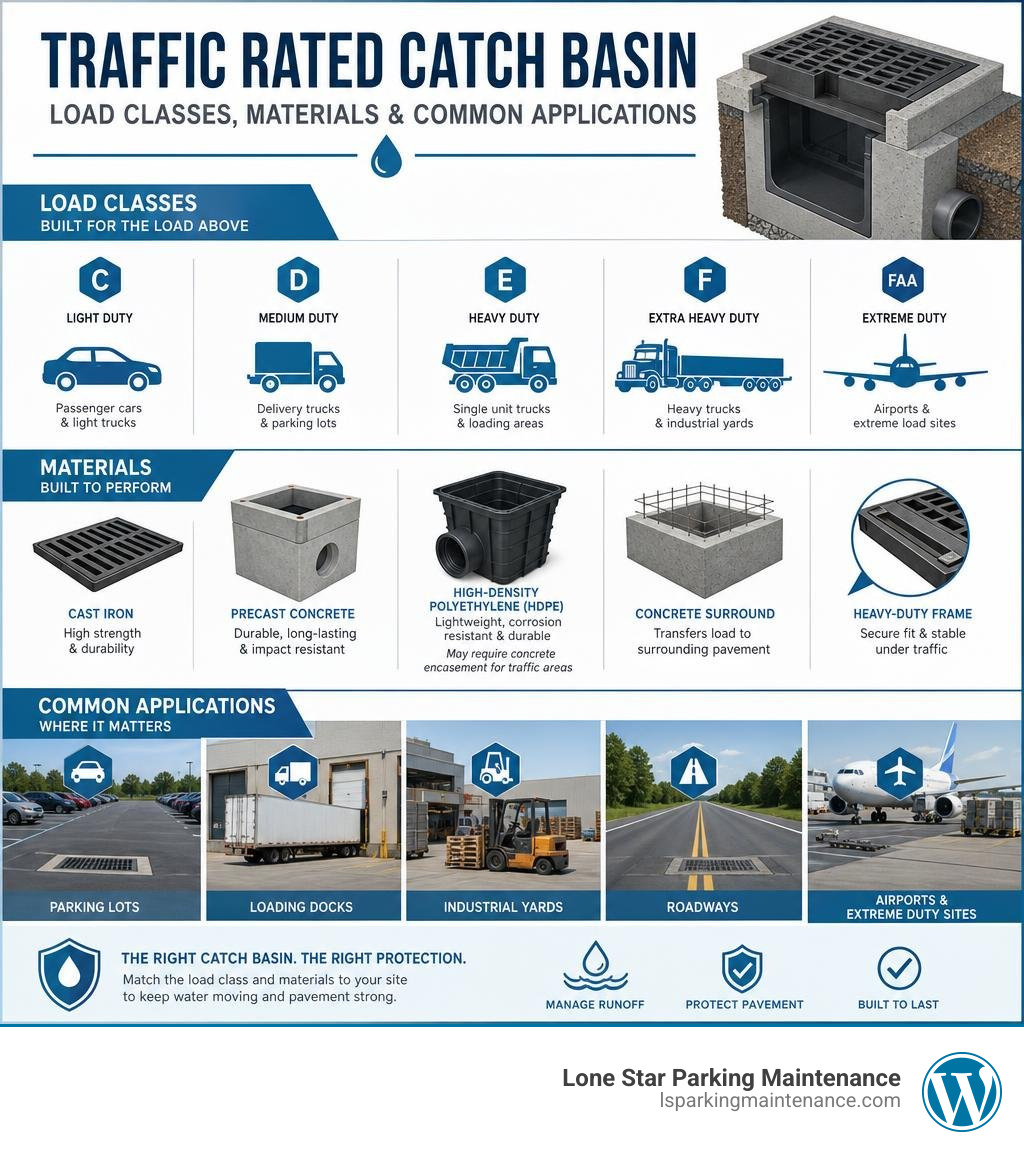 Traffic rated catch basin load classes, materials, and common applications infographic Traffic rated catch basin load classes, materials, and common applications infographic