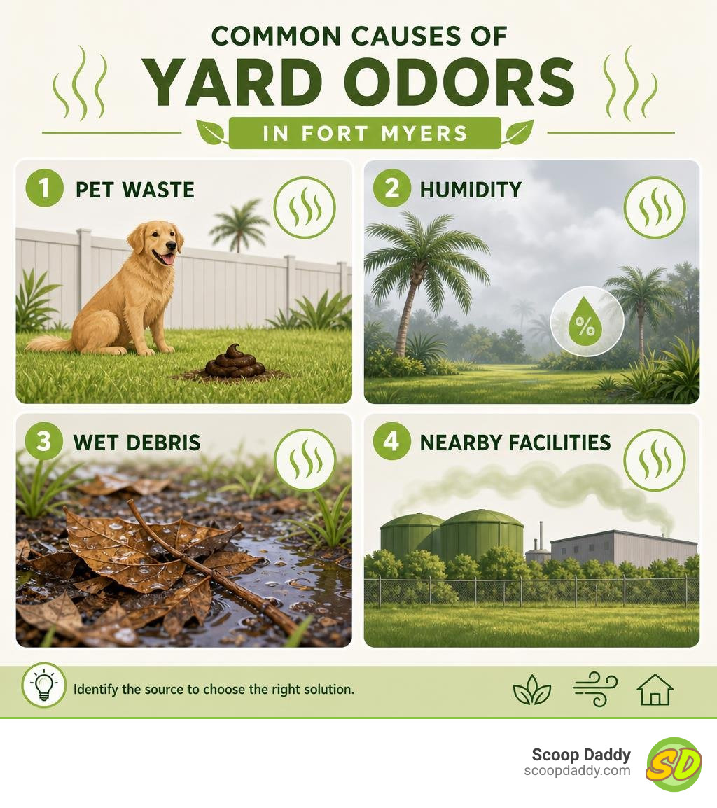 Infographic showing pet waste, humidity, wet debris, and nearby facilities as yard odor causes infographic