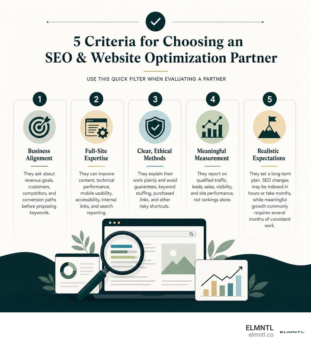 Infographic showing five criteria for choosing an SEO and website optimization partner infographic Infographic showing five criteria for choosing an SEO and website optimization partner infographic