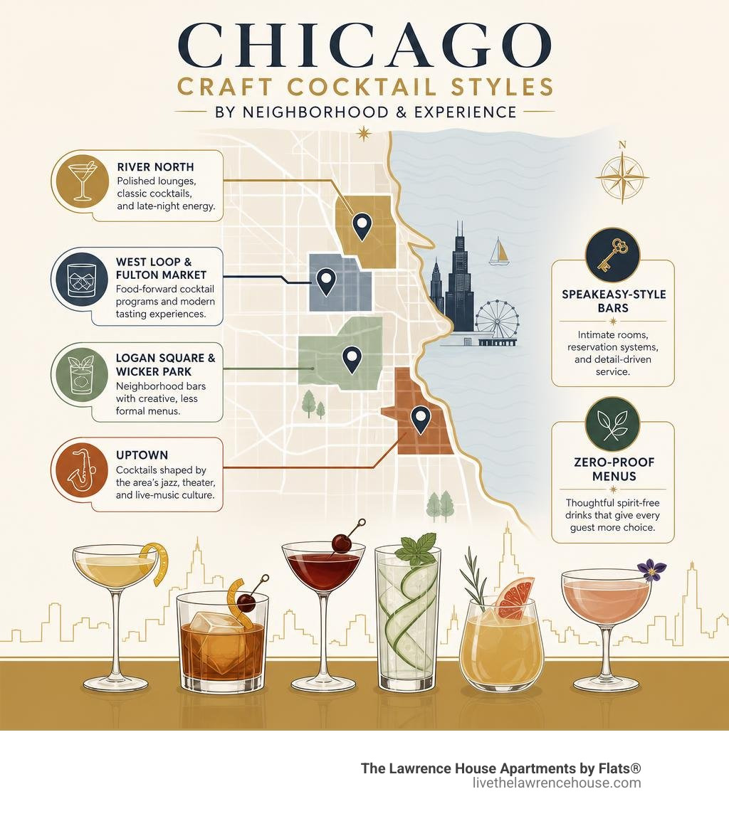 Chicago craft cocktail styles by neighborhood and experience infographic Chicago craft cocktail styles by neighborhood and experience infographic
