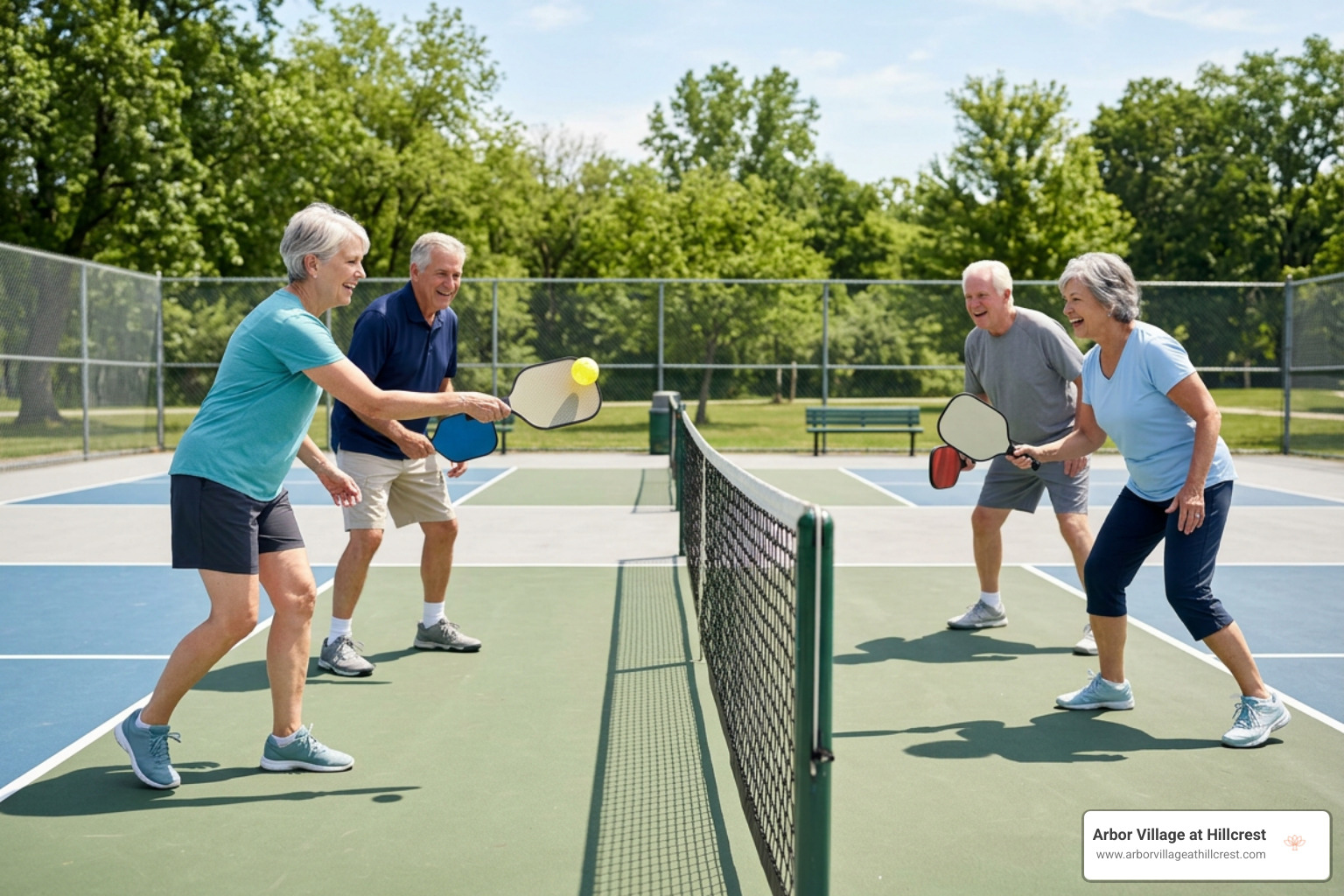 active seniors playing pickleball on outdoor court