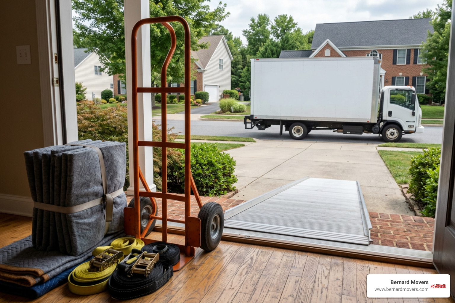Moving equipment setup including hand trucks ramps furniture pads and straps Moving equipment setup including hand trucks ramps furniture pads and straps