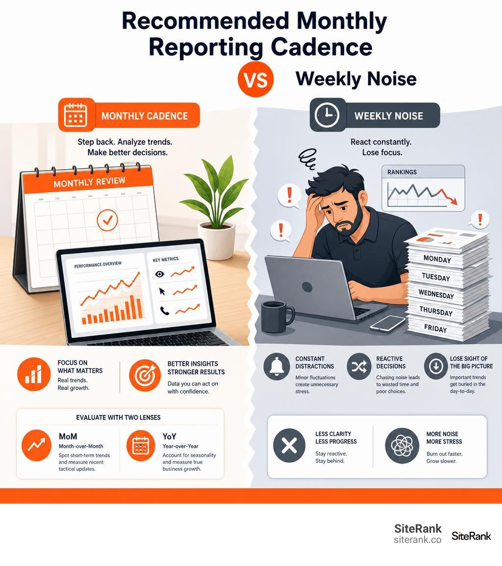 Recommended monthly reporting cadence vs weekly noise infographic Recommended monthly reporting cadence vs weekly noise infographic