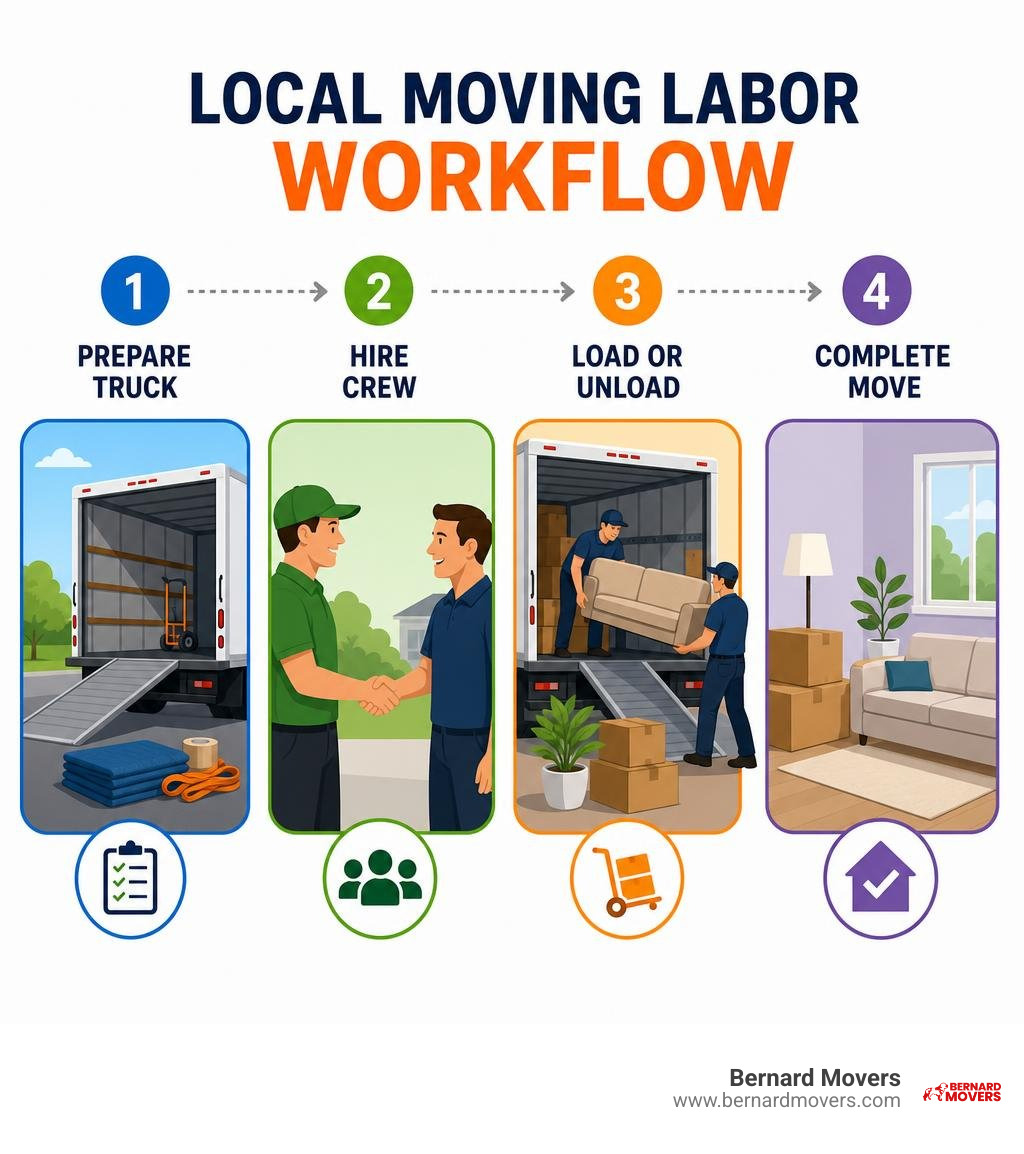 Local moving labor workflow: prepare truck, hire crew, load or unload, complete move infographic Local moving labor workflow: prepare truck, hire crew, load or unload, complete move infographic