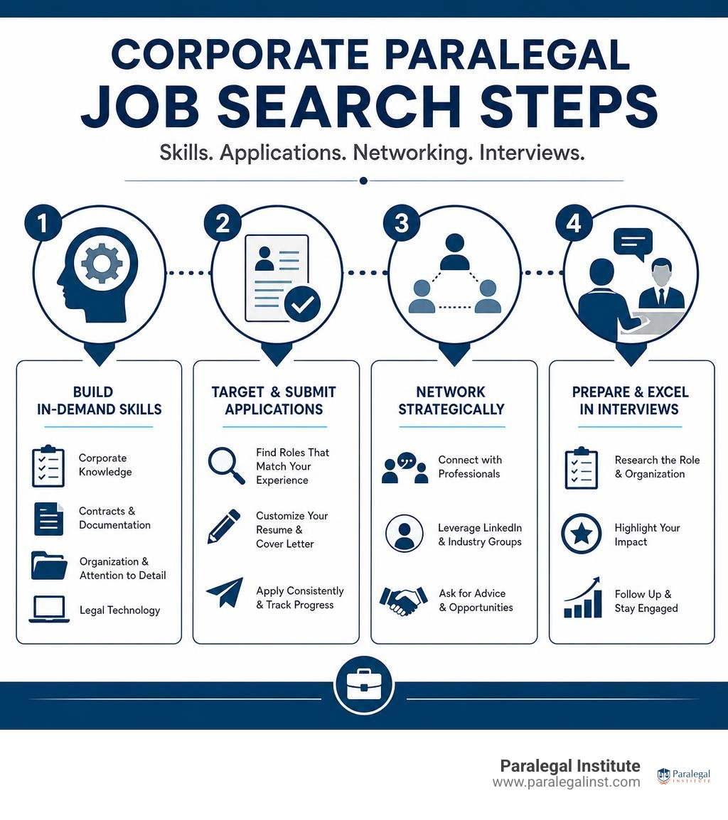 Corporate paralegal job search steps: skills, applications, networking, interviews infographic Corporate paralegal job search steps: skills, applications, networking, interviews infographic
