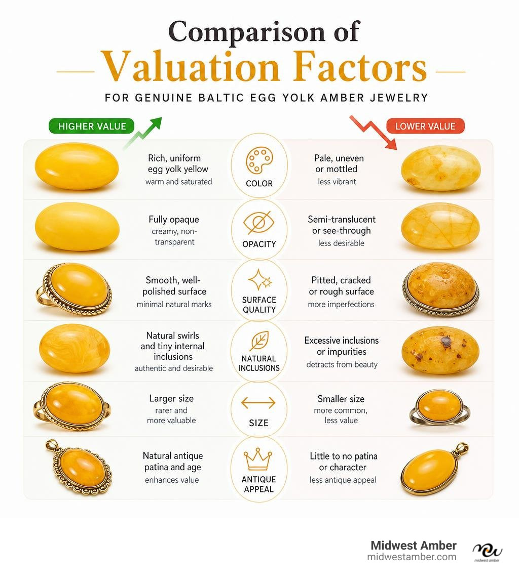 Comparison of valuation factors for genuine Baltic egg yolk amber jewelry infographic Comparison of valuation factors for genuine Baltic egg yolk amber jewelry infographic