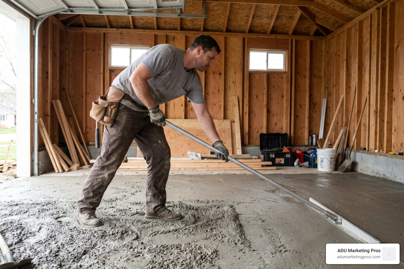 Contractor leveling concrete garage floor slab