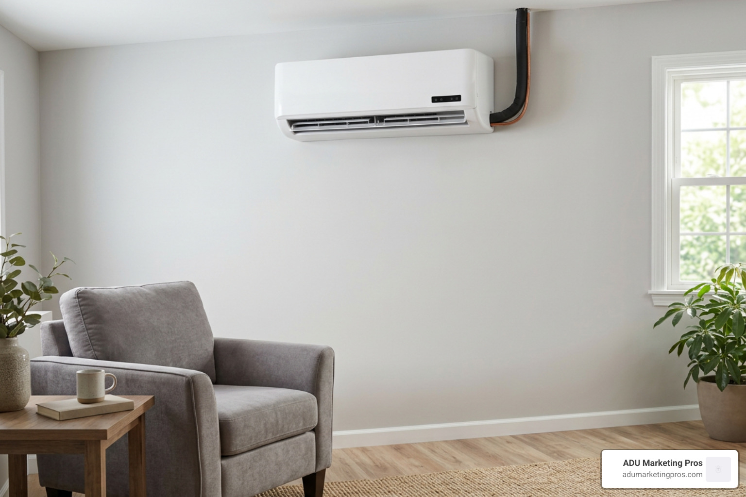 Ductless mini-split HVAC unit installed on garage wall
